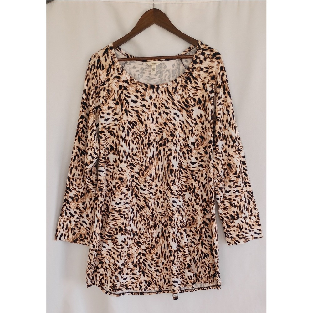 Soma Womens XXL Leopard Print Long Sleeve Nightgown Dress Sleepwear Brown Tan